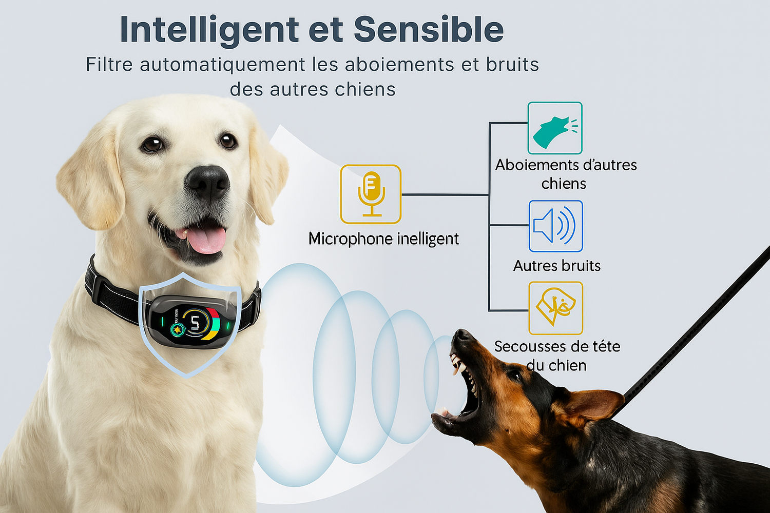 Collier intelligent avec microphone anti interférences – filtre les aboiements d'autres chiens et bruits extérieurs